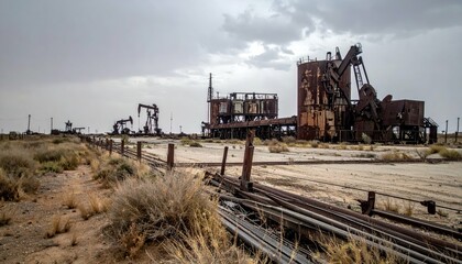 Abandoned Industrial Oil Field in Dark Atmosphere, Saudi Arabia
