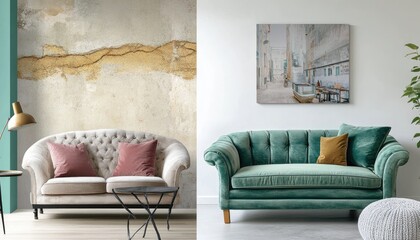 Two-toned living room with a textured wall and a teal velvet sofa