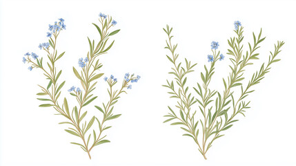 Fototapeta premium Delicate watercolor painting of forget-me-not flowers and green foliage on a white background
