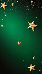 Golden stars cascading on deep emerald green background in vertical view  
