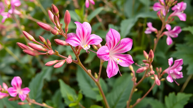 hot pink and white clarkia with buds, blooms and seed pods and leaves,