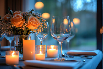 Obraz premium Candles and flowers illuminate a table.