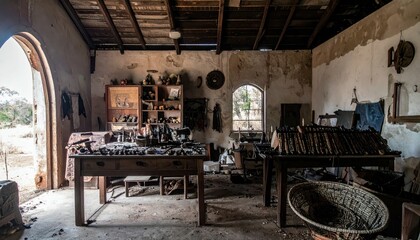 Naklejka premium Dark and Abandoned Workshop with Xhosa Beadwork and Artistic Elements