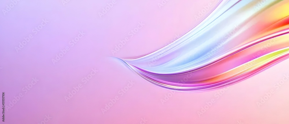 Poster ピンク色の背景に浮かぶ虹色の滑らかな曲線 抽象的なデザインの光と色の波 エレガントで洗練されたグラデーション