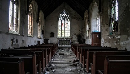 Fototapeta premium Abandoned Church Interior with Broken Pews and Shattered Glass