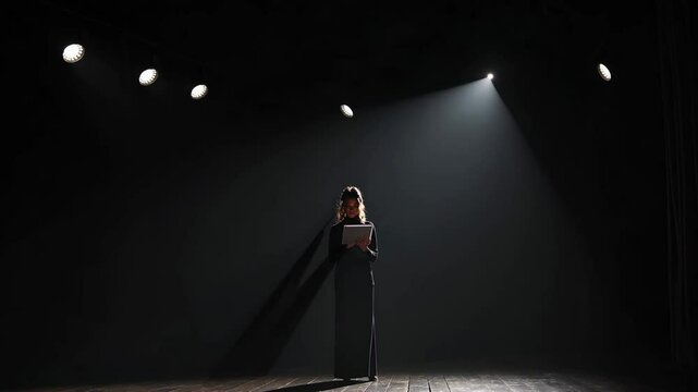Actress performing dramatic monologue under spotlight on stage