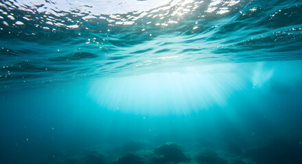 Obraz premium Underwater Sunlight Shines Through Azure Ocean Surface In Tropical Paradise
