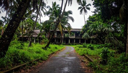 Dark and Abandoned Hawaiian Plantation Surrounded by Lush Vegetation
