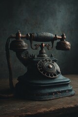 Classic black rotary telephone on a wooden table, a symbol of retro communication and vintage style