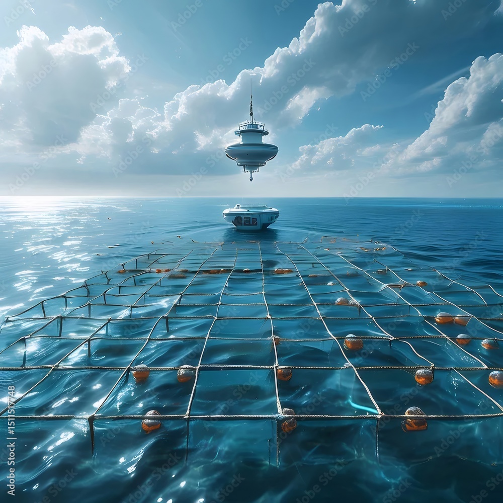Poster 青い海原に浮かぶ未来的な海上プラットフォーム 幾何学的な構造と雲が織りなす風景