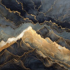 Majestic mountain landscape adorned with shimmering gold accents and dramatic clouds