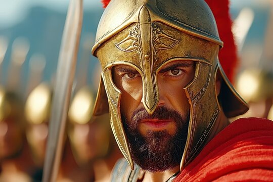 Intense Close Up Of Bearded Warrior In Golden Helmet Ready For Battle In Sunlight