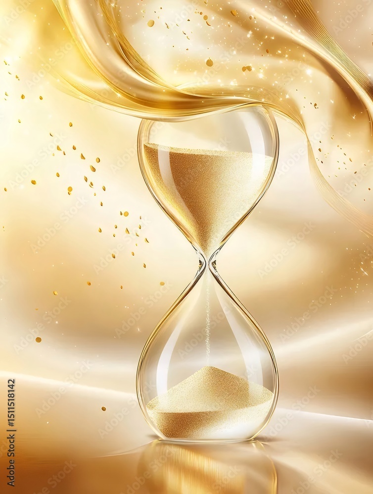 Poster 黄金の砂時計 輝く光と背景の中のガラス製 流れる砂 時の流れを象徴する 美しい抽象的なデザイン