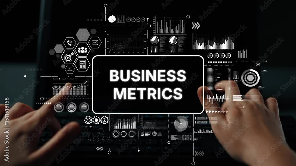 Poster hands on laptop with business metrics dashboard and data analytics visualization in dark environment