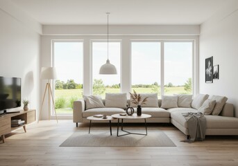 Fototapeta premium White couch by a large window in a living room.