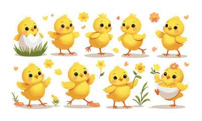 Modern vector illustration set featuring adorable baby chicks in various playful poses , Include elements such as chicks hatching from eggs, walking, dancing, easily editable and scalable.