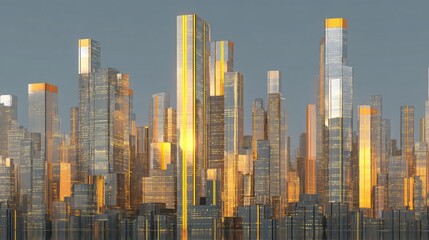 Obraz premium Futuristic city skyline with golden skyscrapers reflecting sunlight during dusk in an urban setting