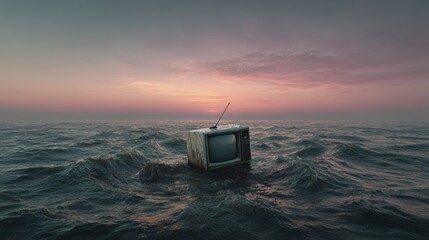A serene tv on the calm sea at sunset, its silhouette framed by an orange sky and tranquil waters reflecting the light
