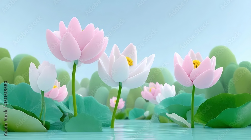 Aufkleber ピンクと白の蓮の花が咲く水面背景 水面に葉が浮かぶ穏やかな光景