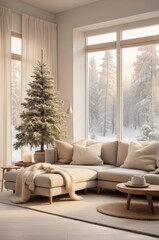 Winter Scandinavian Living Room: Photorealistic Cozy Interior, Golden Hour