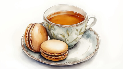 Vector illustration, cup of tea with French macaroons, watercolor painting.