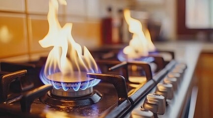 Two gas burners on a stovetop ablaze