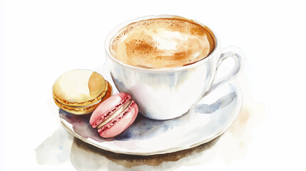 Vector illustration, cup of coffee with French macaroons, watercolor painting.