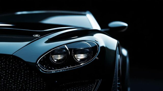 Sleek black sports car headlights glowing in the dark, automotive design closeup
