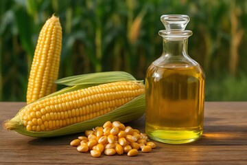 corn oil bottled, corn and corn kernels white background
