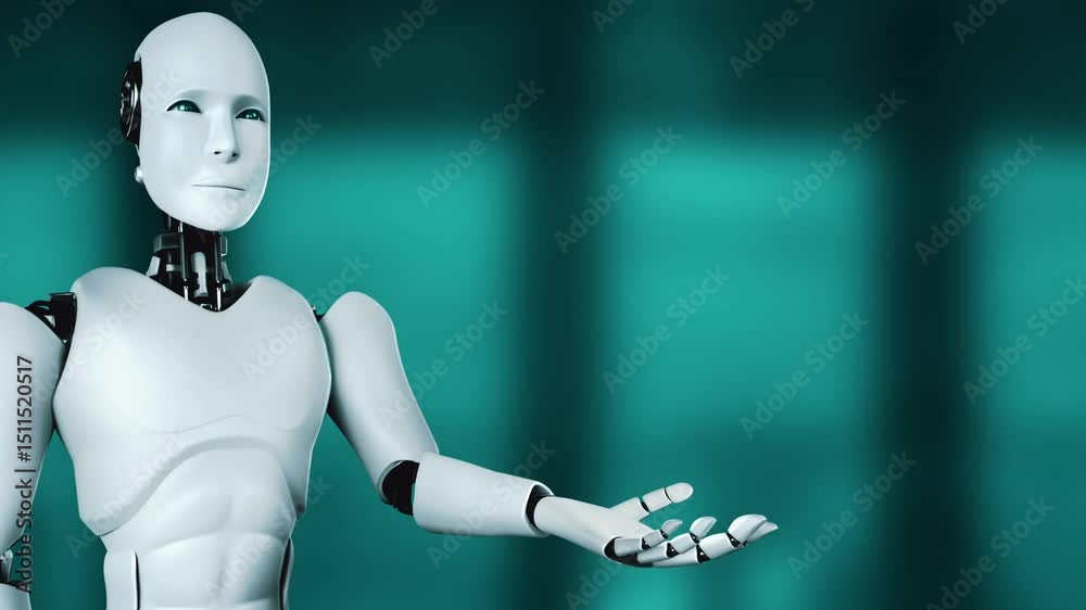 Poster ai hominoid robot holding virtual hologram screen showing concept of ai brain and artificial intelli