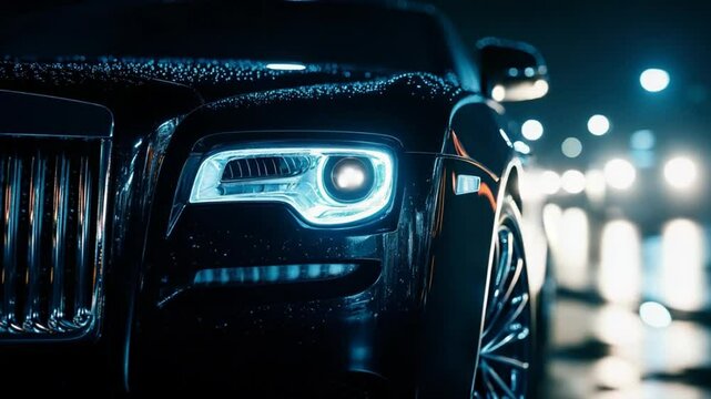 Close-up shot of a luxury car's headlight detail and elegant design in dark environment