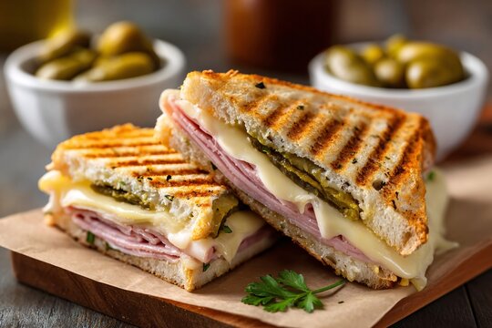 tempting cuban sandwich in the cozy corner on a cream background, in a clean food photography style
