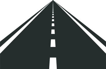 A black and white silhouette of a straight road with dashed lines gently into the distance, evoking depth and journey.