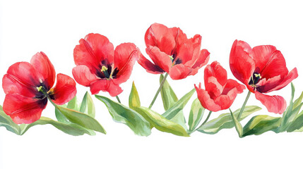 Obraz premium Watercolor botanical illustration of vibrant red tulips with lush green leaves, evoking sense of beauty and freshness