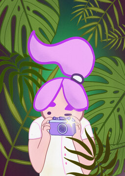 Illustration of a character with purple hair taking a photo in a jungle setting