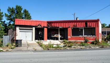 Abandoned Fire-Damaged Building with Charred Remnants of Community