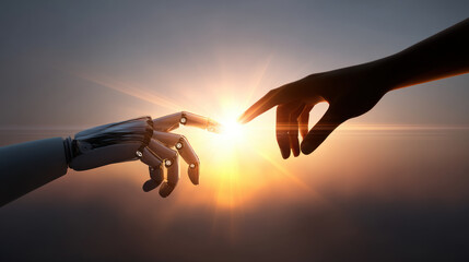 A man's hand touches a robot's hand against a background of lights. Artificial Intelligence, Futuristic Digital Technology, Metaverse of Digital Intelligent World