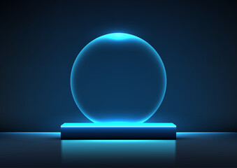 glowing cyan sphere on minimalist platform futuristic technology concept sci-fi abstract luminous digital render 3d mockup showcase