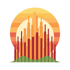 Obraz premium Silhouette of a city skyline at sunset with a grassy hill and flat design