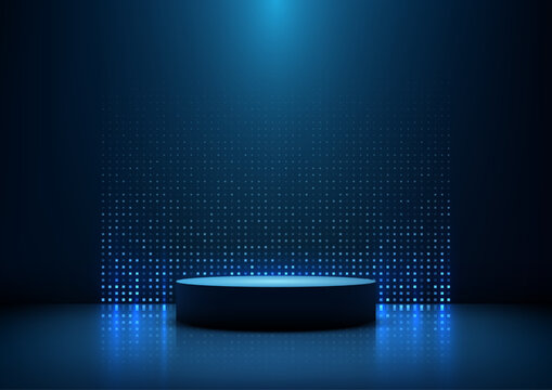futuristic blue stage with illuminated podium and glowing squares tech concept modern showcase