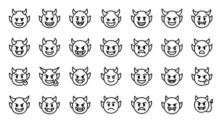 A set of simple line art devil emoji icons with horns and various mischievous and evil expressions.