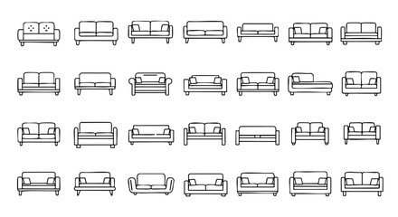 A collection of simple line art illustrations showing various sofa designs and configurations from an elevation view.