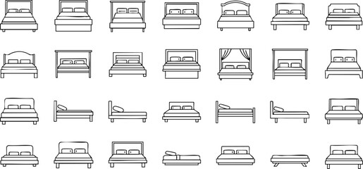 A set of simple line art illustrations depicting various bed designs, including double beds, single beds, beds with headboards, and a canopy bed, shown in elevation.