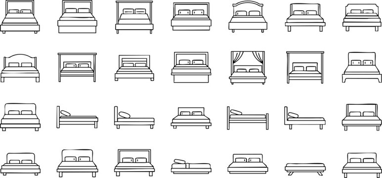 A set of simple line art illustrations depicting various bed designs, including double beds, single beds, beds with headboards, and a canopy bed, shown in elevation.