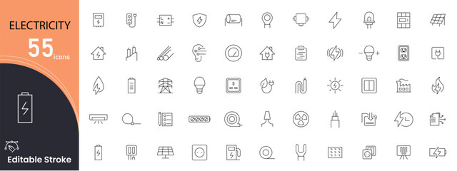 Electricity related icon collections. Containing power, energy, lightning, voltage, cable, socket, plug, current, electric, and switch icons. Editable Stroke. Outline icons.