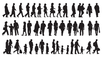 Walking business people and family group black vector silhouettes collection
