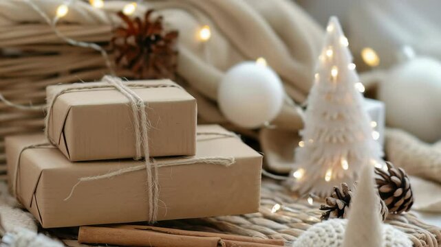 A warm, inviting winter still life featuring stacked wrapped gifts, pine cones, cinnamon sticks, white ornaments, and a lit decorative tree, all set against soft, neutral textures. 