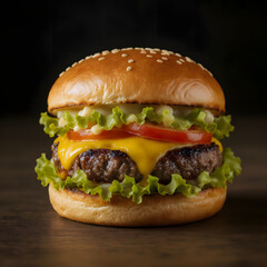Premium Gourmet Burger with Fresh Ingredients on Rustic Wooden Table &ndash; Close-Up Food Photography