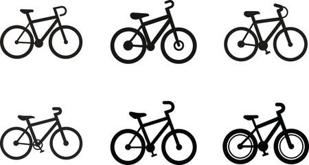 Obraz premium Black vector silhouette icons of bicycles, including mountain bikes and road bikes, perfect for illustrating sports, transportation, and cycling