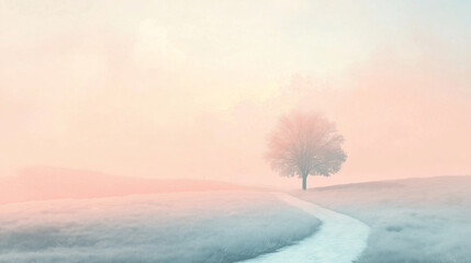 Serene misty landscape with a lonely tree and a winding path in the morning